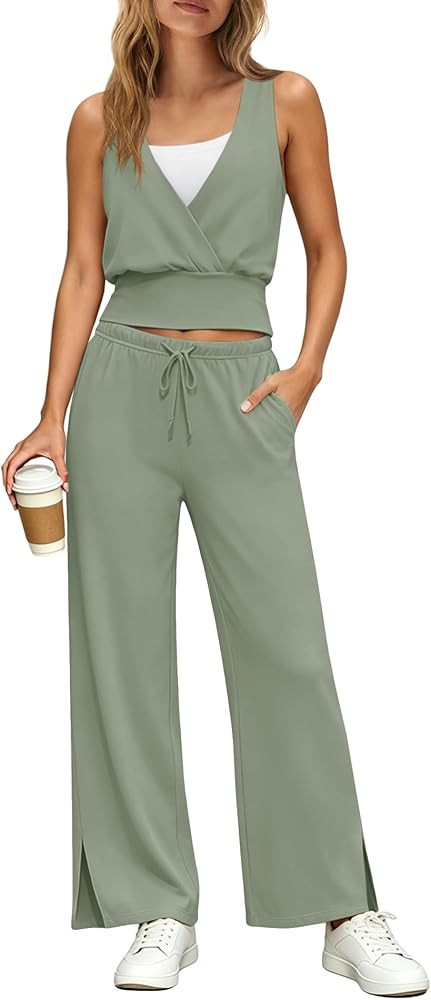 Yanekop Womens 2 Piece Lounge Set Pilates Wrap Top Wide Leg Pants Set Summer Beach Vacation Outfi... | Amazon (US)