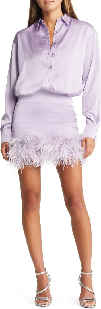 Tyra Feather Trim Long Sleeve Satin Shirtdress | Nordstrom