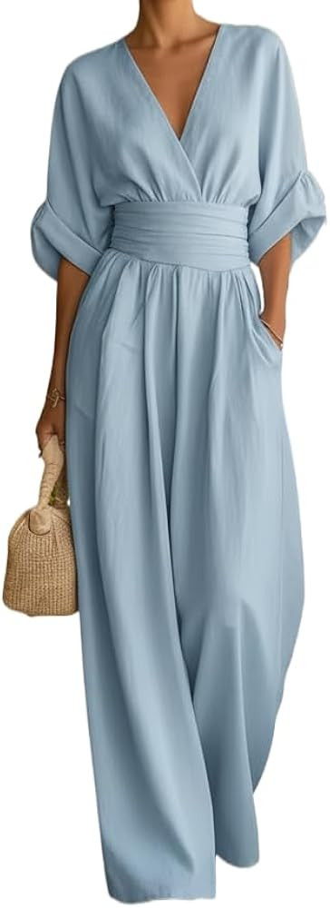 Women's V Neck Wrap Waistband Jumpsuit Half Sleeve Wide Leg Palazzo Jumpsuit with Pockets Flowy O... | Amazon (US)