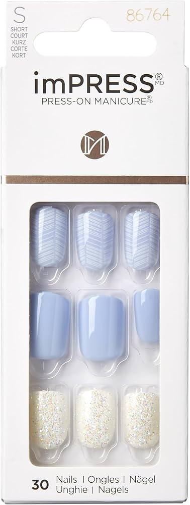 KISS imPRESS No Glue Manicure Press-On Nails, Light Blue, Lavender, White Glitter, Short Size, Sq... | Amazon (US)