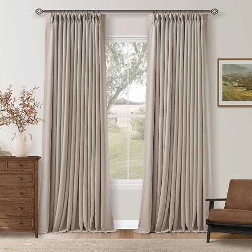 108 Inch Pinch Pleat Drapes Greyish Beige Room Darkening Curtains 108 Inches Long for Bedroom Neutral Farmhouse 100% Blackout Thick Linen Double Layer Pleated Curtain 2 Panels Set Burlywood Birch | Amazon (US)
