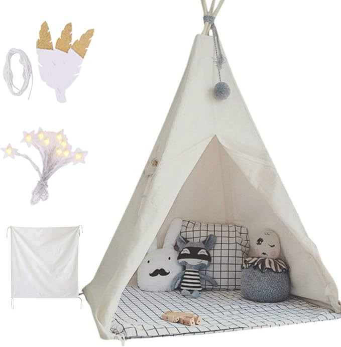 little dove Kids Foldable Teepee Play Tent with Carry Case, Banner, Fairy Lights, Feathers, Floor... | Amazon (US)