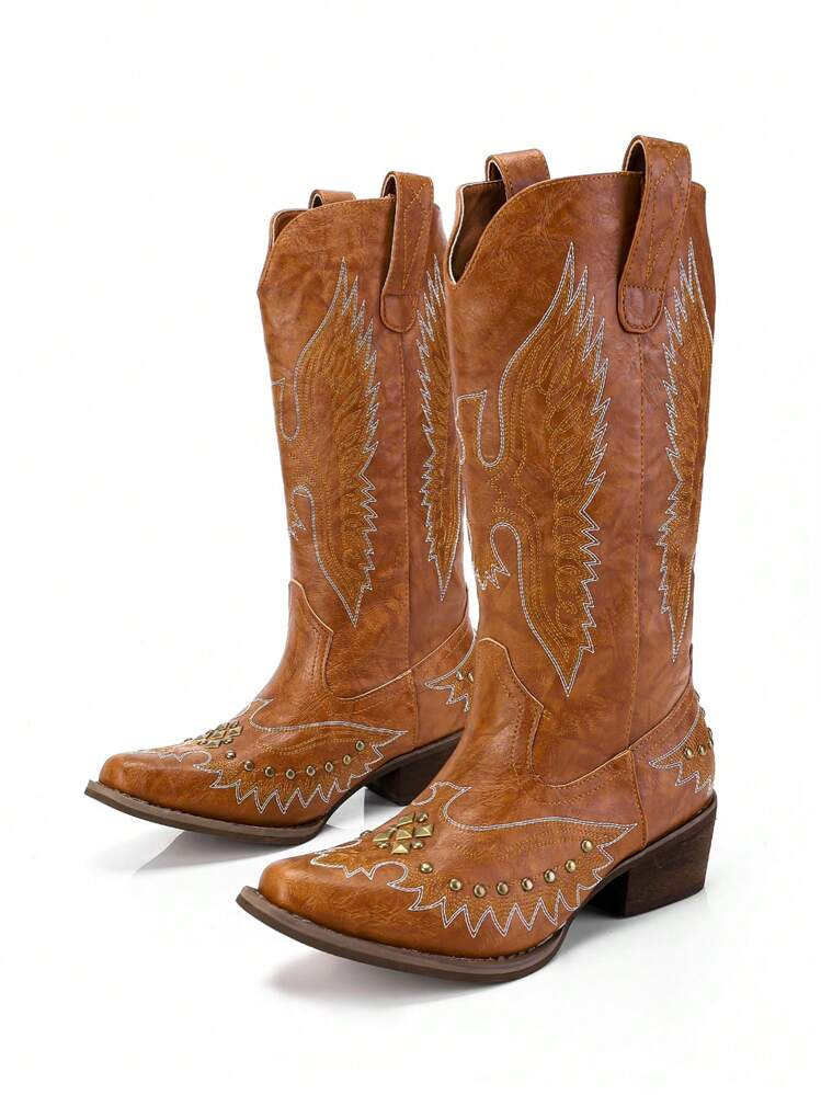 Women's Fashion Vintage Embroidered Rivet Chunky Heel Pointed Toe Western Cowboy Boots | SHEIN