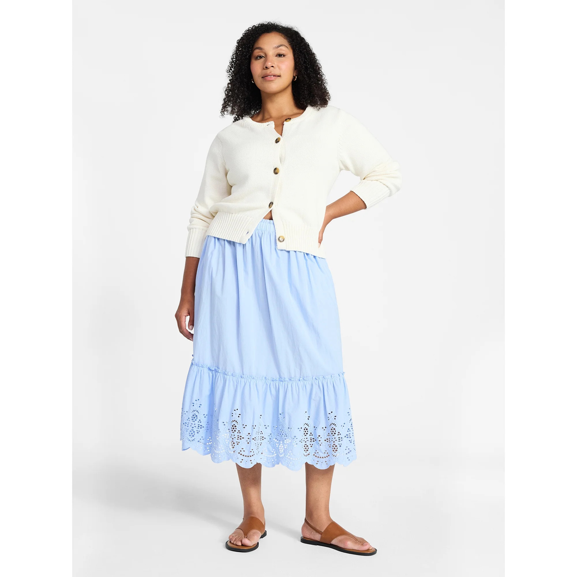Time and Tru Women's Cotton Eyelet Hem Midi Skirt, Sizes XS-XXXL | Walmart (US)