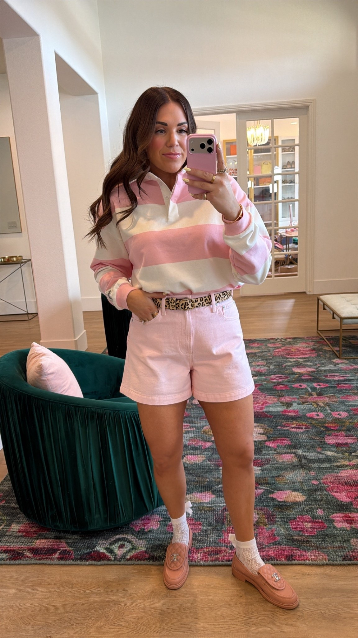 curvy midsize pink look for spring! wearing medium in striped pink rugby top (runs big!) and size 30 in blush shorts 

#LTKMidsize #LTKSeasonal