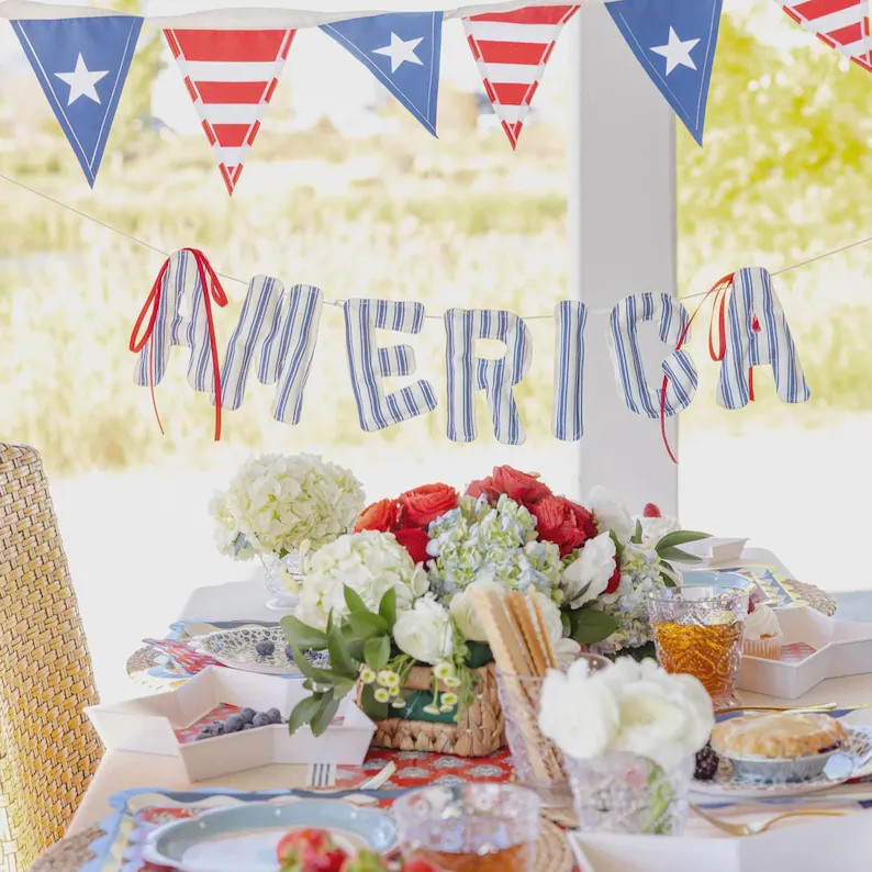 Fabric America Banner, Navy Ticking Stripe, Red Bows, Patriotic Party Decor | Etsy (US)