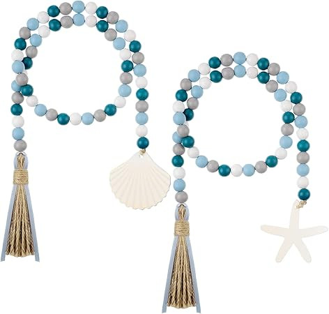 Janinka Seashell Wood Bead Garland 2 Pieces Farmhouse Beads Garland with Tassels Decorative Beads... | Amazon (US)
