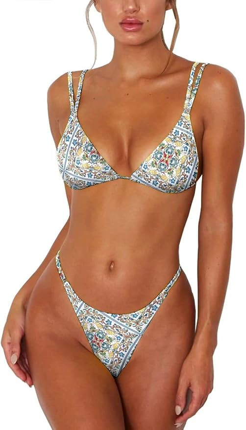ForBeautyShe Women's Sexy Thong Bottom Two Piece Bikini Double Shoulder Straps Cute Swimsuit Tria... | Amazon (US)