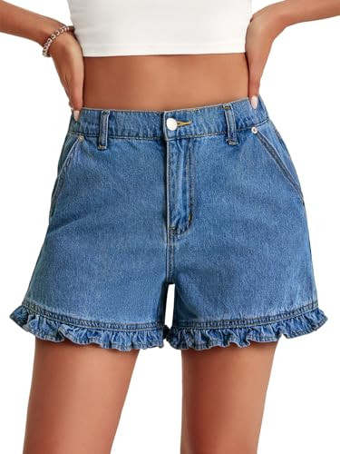 Aoysky Womens Summer Ruffle Denim Shorts Cute High Waisted Cotton Short Jeans with Pockets | Amaz... | Amazon (US)