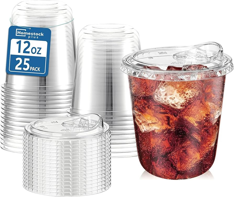 25 Pack 12 oz BPA-Free Clear Plastic Coffee Cups with Strawless Sip Lids - Leak-Proof Disposable ... | Amazon (US)
