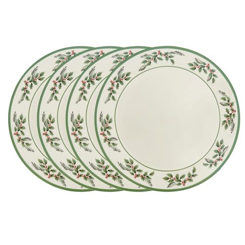 Spode Christmas Tree Holly Dinner Plates, Set of 4-10 Inch Stoneware with White Center & Holly Accents - Festive Holiday Tableware, Microwave, Dishwasher & Freezer Safe, Seasonal Dining Essentials | Amazon (US)