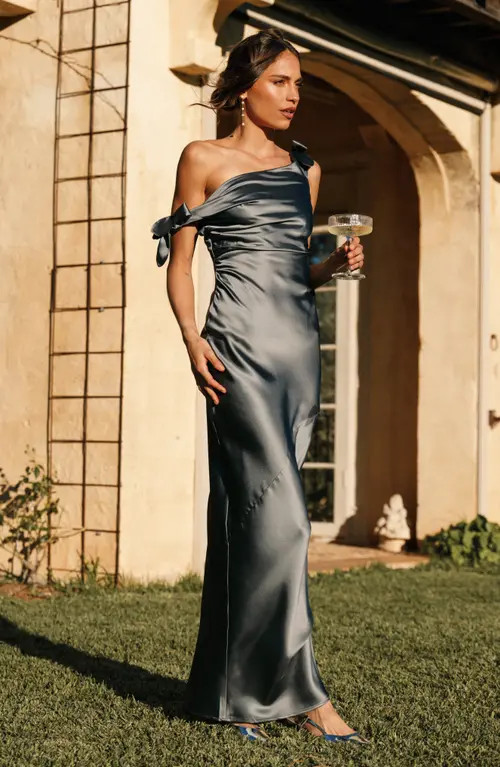Petal & Pup Selma One-Shoulder Satin Gown in Steel Gray at Nordstrom, Size Small | Nordstrom