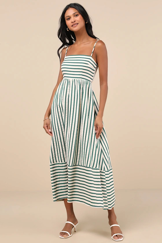 Exceptionally Pristine Green and Cream Striped Cutout Midi Dress | Lulus