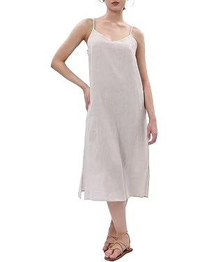 Amazhiyu Womens Pure Linen Summer V Neck Midi Spaghetti Strap Slip Dress with Pockets | Amazon (US)