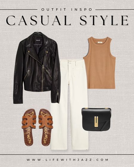 Casual spring outfit inspo 

- spring outfit, casual outfit, moto jacket, tank, white jeans, sandals, purse, Madewell, demellier 

#LTKstyletip #LTKSeasonal
