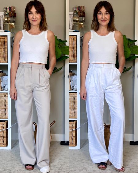 Final part of my quest for the perfect beige trouser and not sheer light linen pants! I’m 5’ 7” and my inseam is 31.5” and both of these pants are 27 long (32” inseam). 
Love the fit of both and the linen pants are lined and not sheer. 
Both are currently on sale, 15% off if you spend over $99🇺🇸/$125🇨🇦
Also linked the Dynamite pair that are the perfect fit except they don’t have belt loops.
My cropped tank is from Amazon, I sized up to M for more length. Sandals and sneakers are also from Amazon, sneakers fit tts, size up 1/2 in the sandals unless your feet are narrow

#LTKstyletip #LTKsalealert #LTKFind