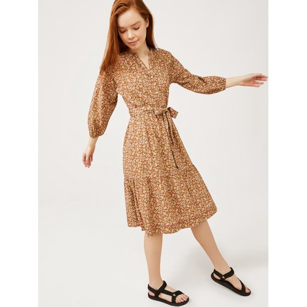 Free Assembly Women’s Tiered A-Line Dress with 3/4-Length Sleeves | Walmart (US)