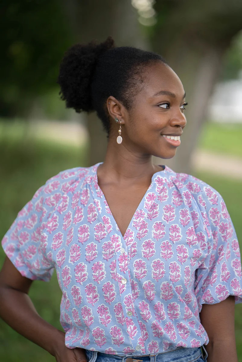 CECILIA V-NECK BLOUSE WITH PUFF SLEEVES | PEONY | All In The Detail