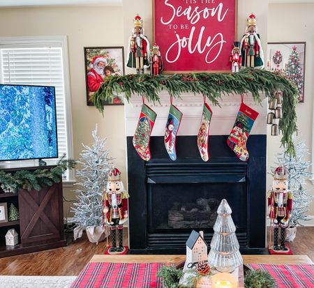 Living room Christmas decor fireplace decorated with Norfolk pine garland , personalized embroidered stockings and my favorite nutcrackers!

#christmasdecor #christmas #holidaydecor 

#LTKSeasonal #LTKHoliday #LTKhome