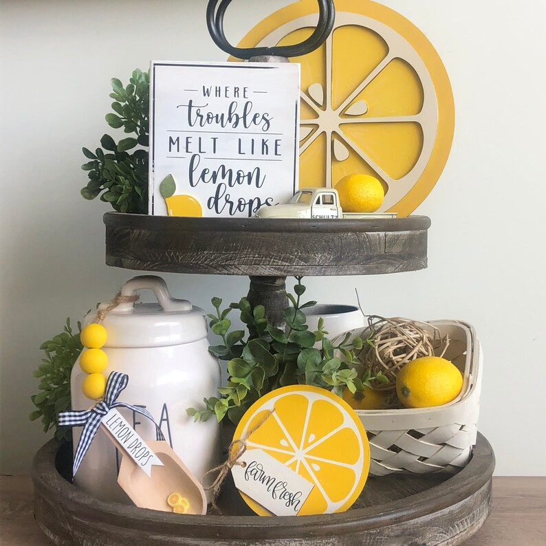 Farmhouse Lemon Decor, mix and match, mini sign, wood bead garland yellow Lemon, tiered tray deco... | Etsy (US)