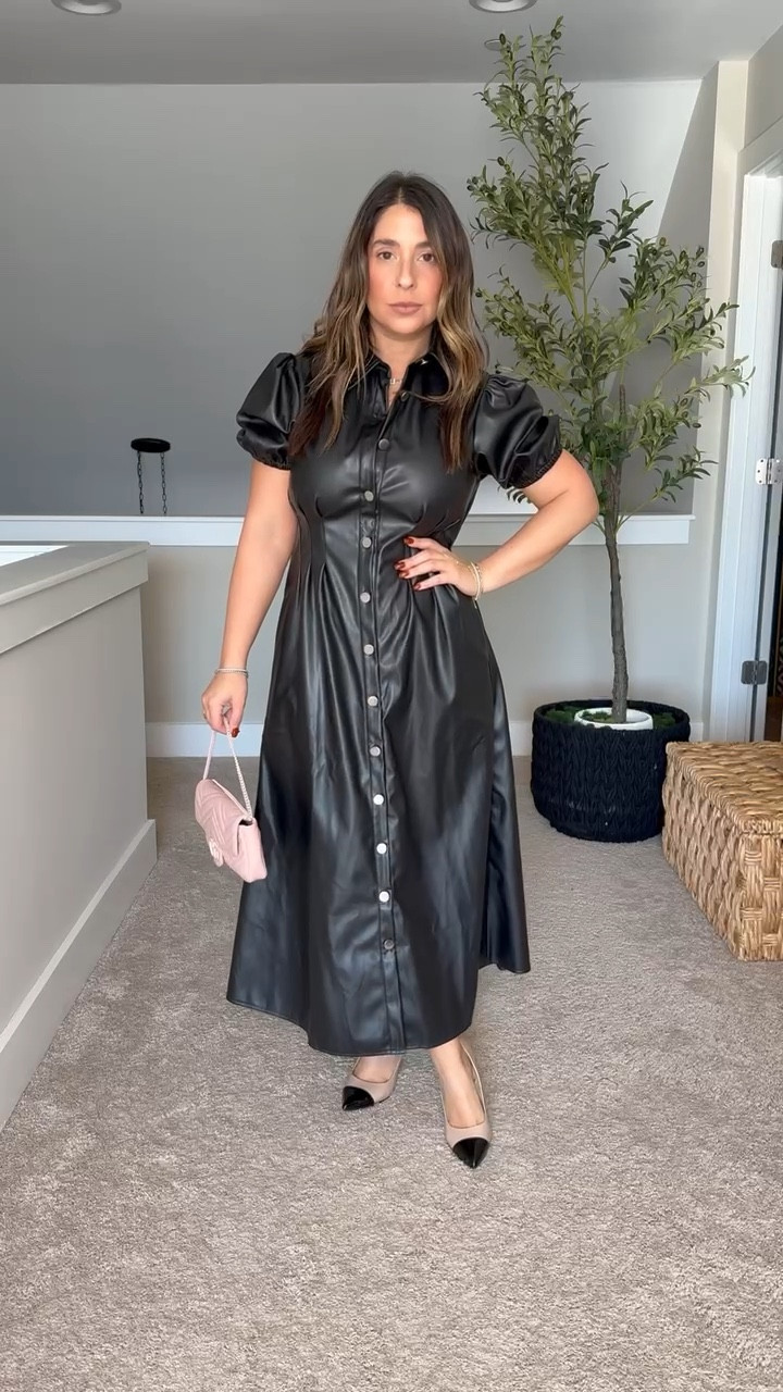 If you can’t tell by my face, I am I am completely blown away by the faux leather dress. Not only is it big just friendly, the length of this midi is absolutely perfect on my 5’ frame. I cannot wait to find the perfect event to wear this to, I’m obsessed. I can’t link my exact purse, so I linked a very similar option. 
Petite girl approved midi dress, faux leather dress, date night outfit inspo

#LTKMidsize #LTKPetite #LTKValentine