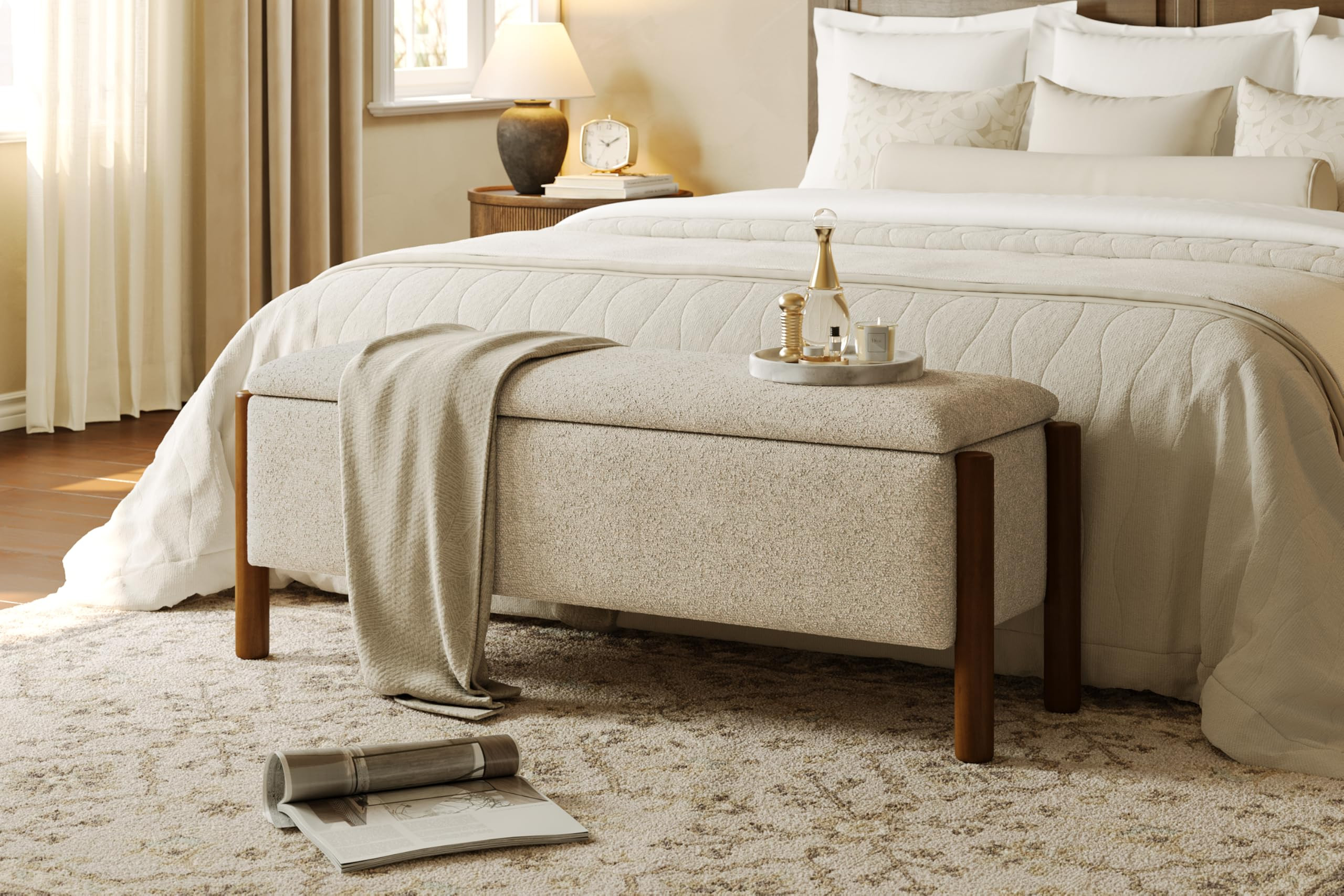 Modern Storage Benches with Walnut Wood Legs, 47'' Ottoman Bench with 20 Gallons Storage Space fo... | Amazon (US)