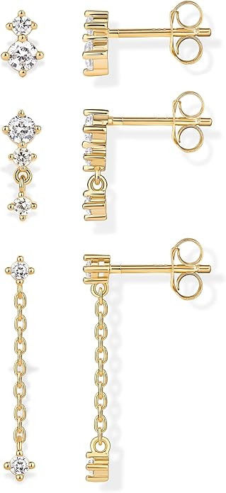 PAVOI 14K Gold Plated 925 Sterling Silver Posts Dainty Stud and Dangle Chain Earring Pack for Wom... | Amazon (US)
