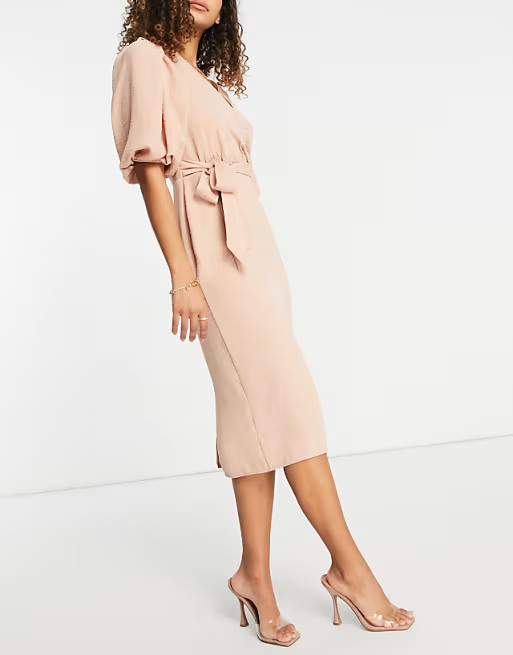 ASOS DESIGN wrap front midi dress with tie waist in pink | ASOS (Global)
