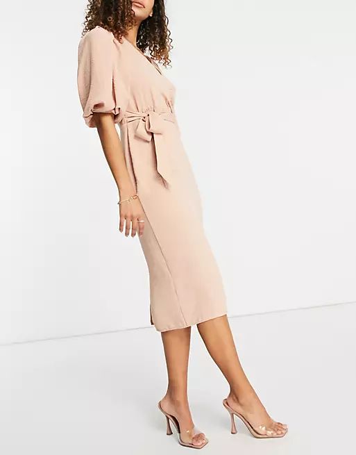 ASOS DESIGN wrap front midi dress with tie waist in pink | ASOS (Global)
