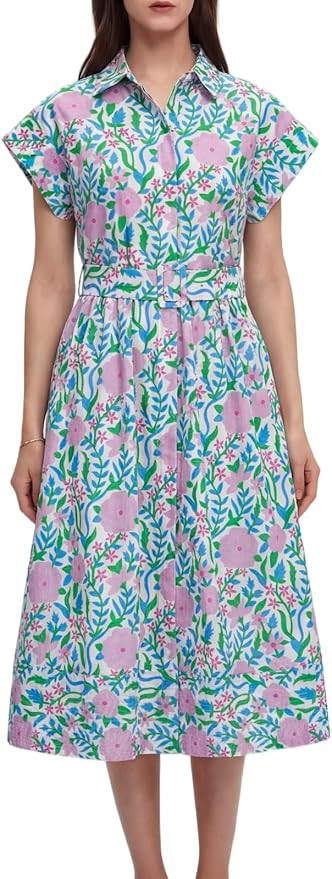 Women Summer Dresses 2025 Casual Wing Short Sleeve Button Down Midi Dress Floral Long Dress with ... | Amazon (US)