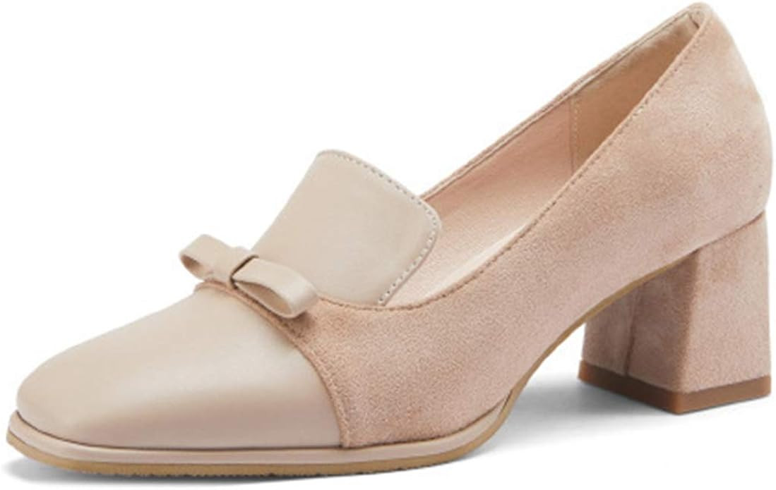 MISTU Women's Fashion Bow Square Toe Dress Pumps Slip On Chunky Block High Heels Formal Work Offi... | Amazon (US)