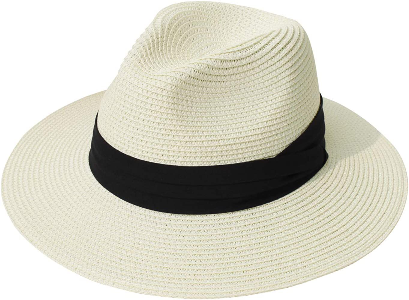 Lanzom Women Wide Brim Straw Panama Roll up Hat Fedora Beach Sun Hat UPF50+ | Amazon (US)