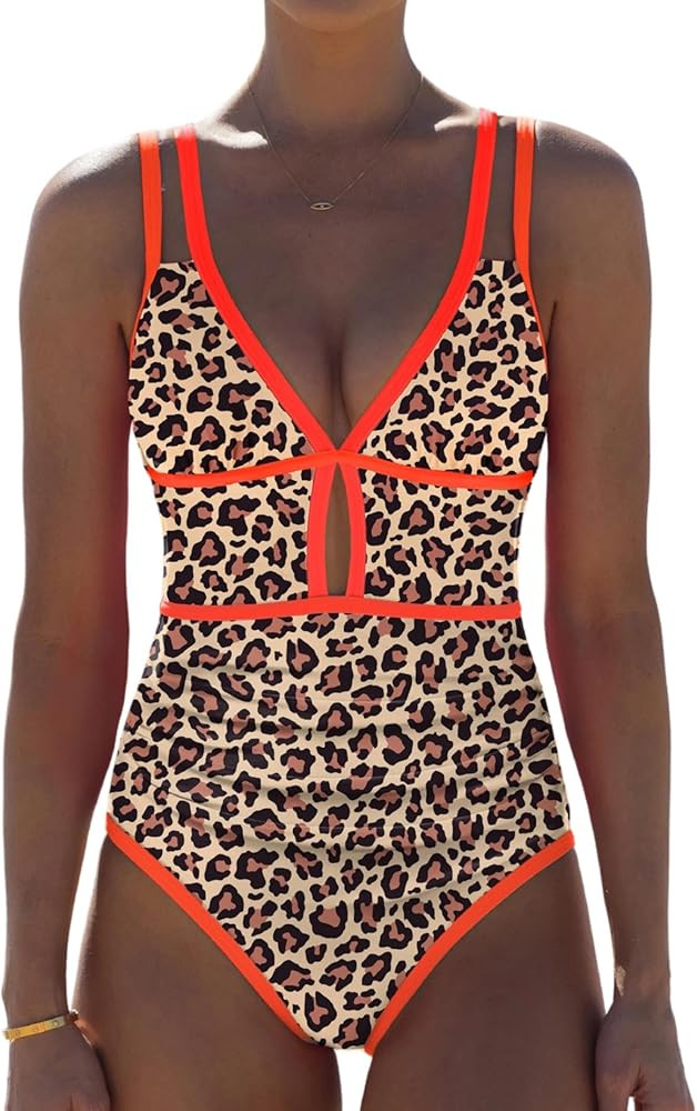 popvil Women One Piece Swimsuit 2026 Tummy Control Sexy Cutout Neon Color Block Bathing Suit Slim... | Amazon (US)