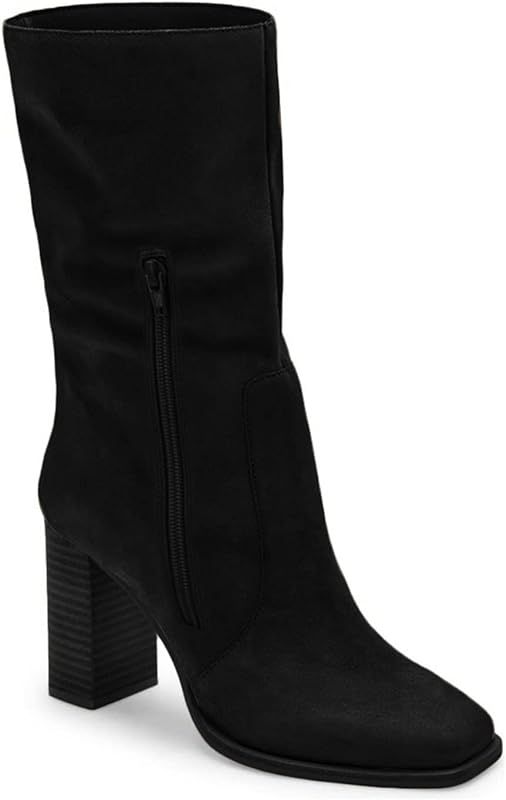 Women’s Mid-calf Boots Chunky Stacked Heel Square Toe Side Zipper Slip-on Suede Winter Booties | Amazon (US)