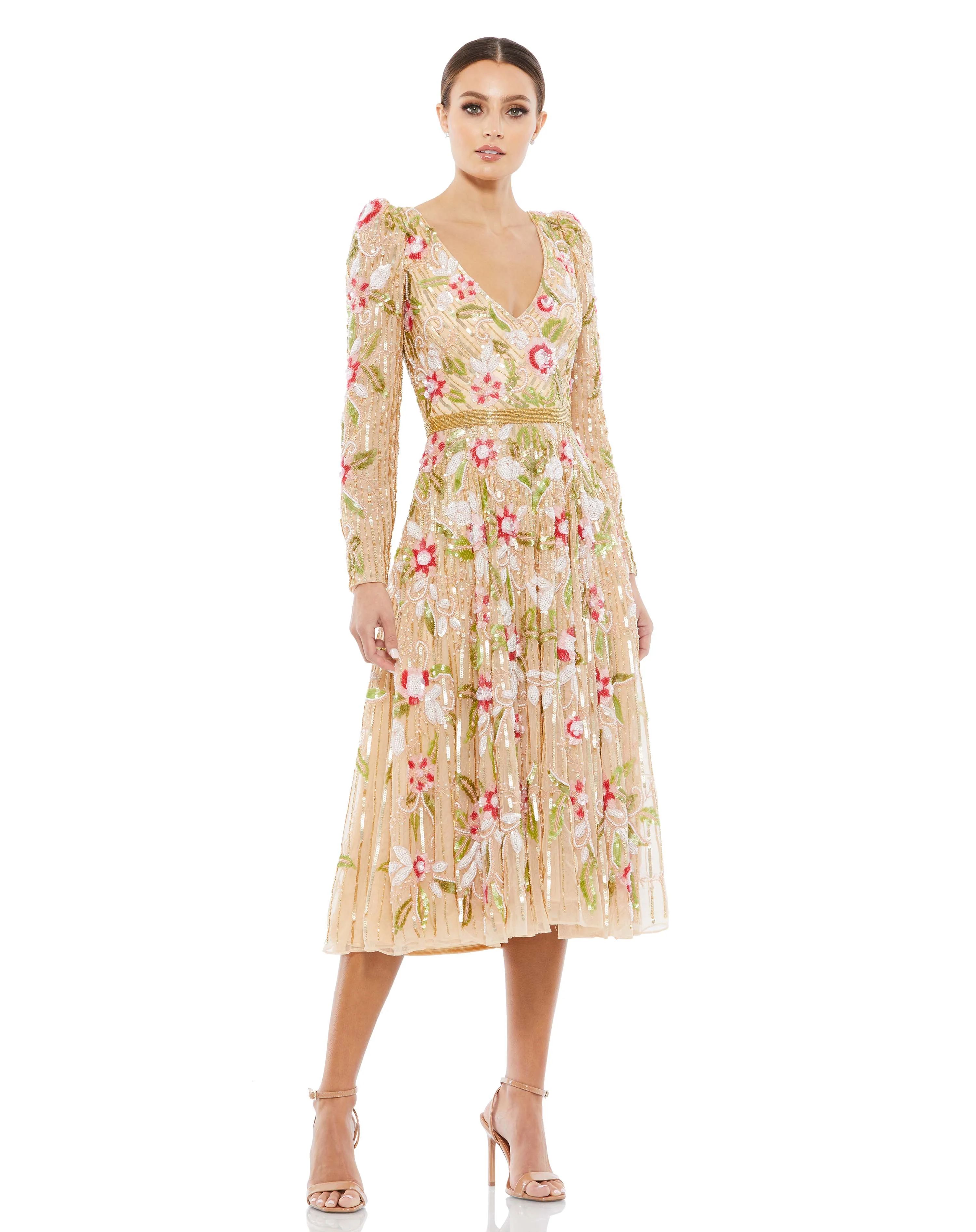Long Sleeve Floral Beaded Midi Dress | Mac Duggal
