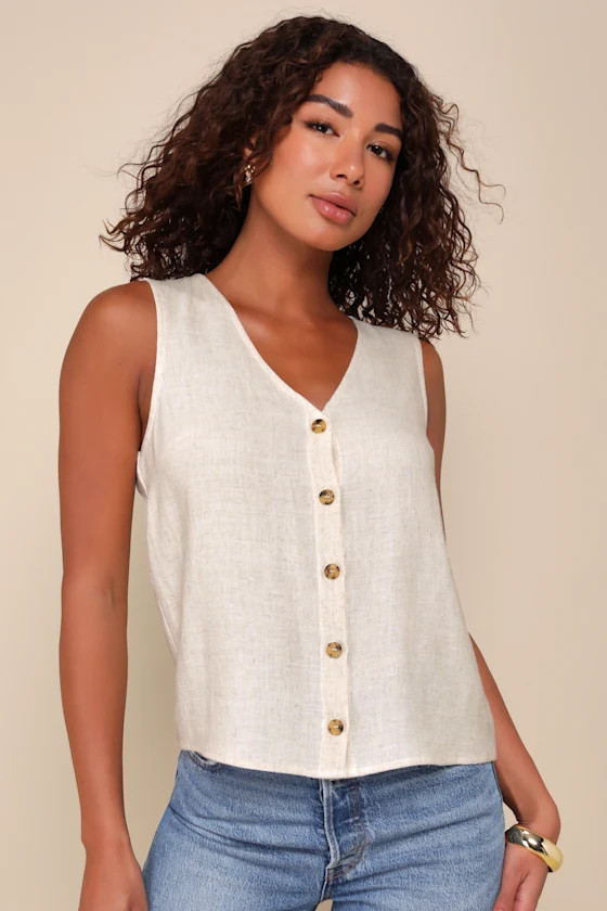 Casually Sophisticated Beige Linen Sleeveless Button-Front Top | Lulus