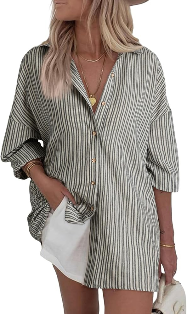 Astylish Women Oversized Button Down Striped Shirt V Neck Long Sleeve Blouse Casual Linen Top | Amazon (US)