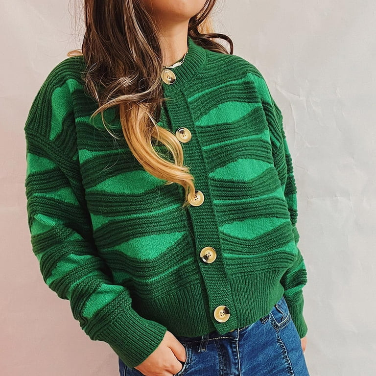 CEHVOM Women's Casual Irregular Stripe Contrast Color Crewneck Cropped Cardigan Sweater Jacket - ... | Walmart (US)