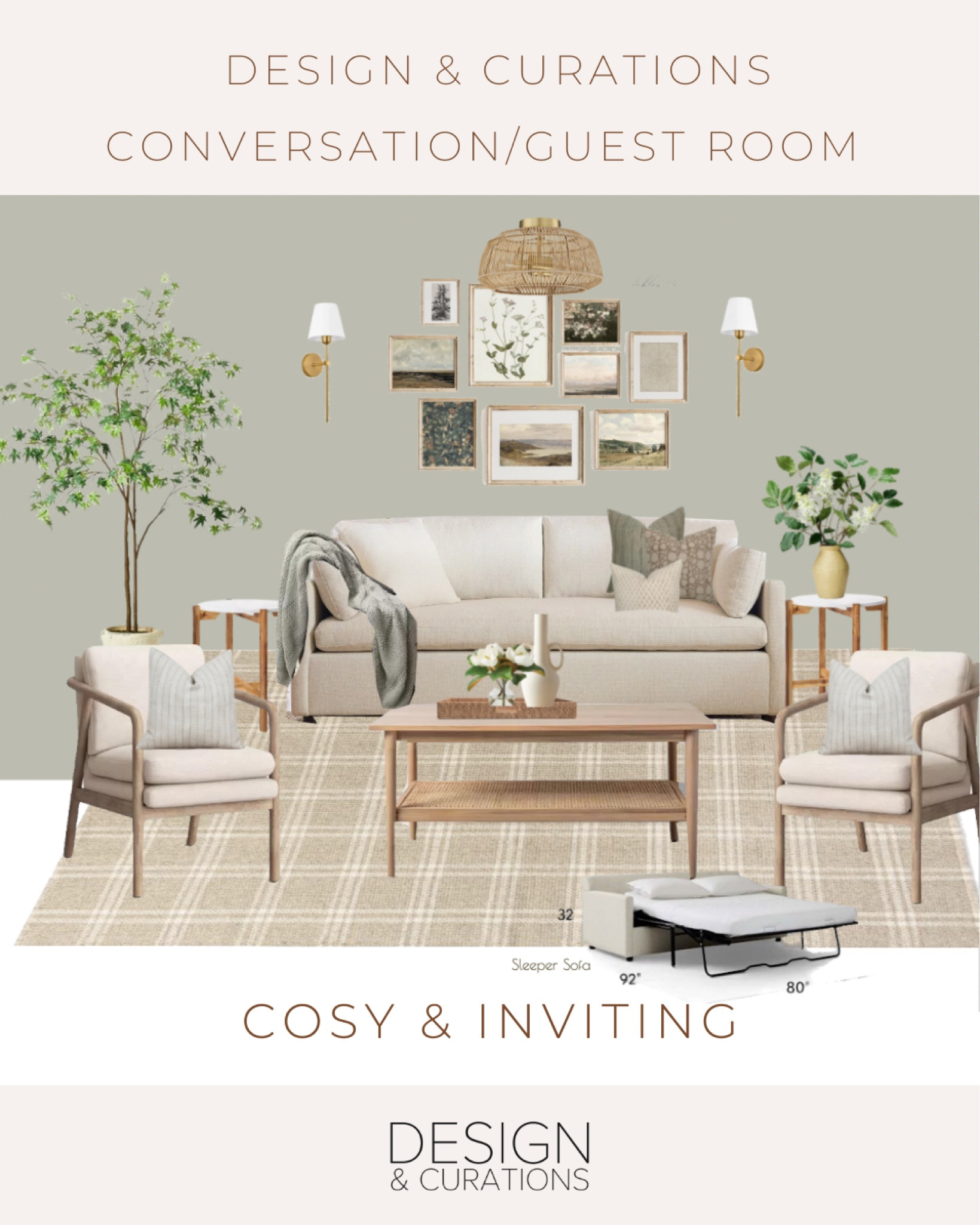 Sleeper sofa, multipurpose room turned into guestroom, transitional, soft, romantic, eathy neutral design, battery operated sconce,
Affordable target, wayfair, and etsy 