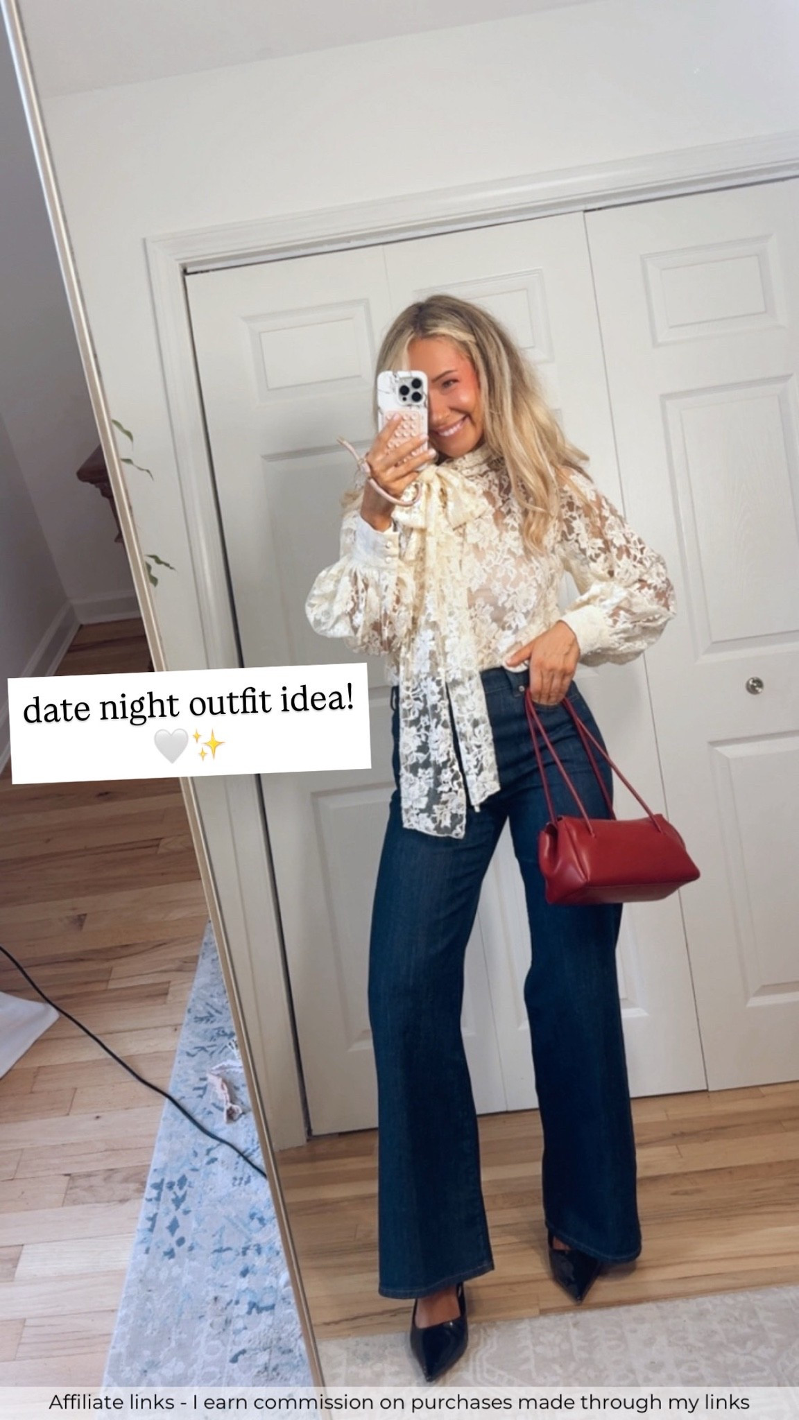 Affiliate links - I earn commission on purchases made through my links

Date night outfits
J.Crew jeans
Lace top
Red Zara bag