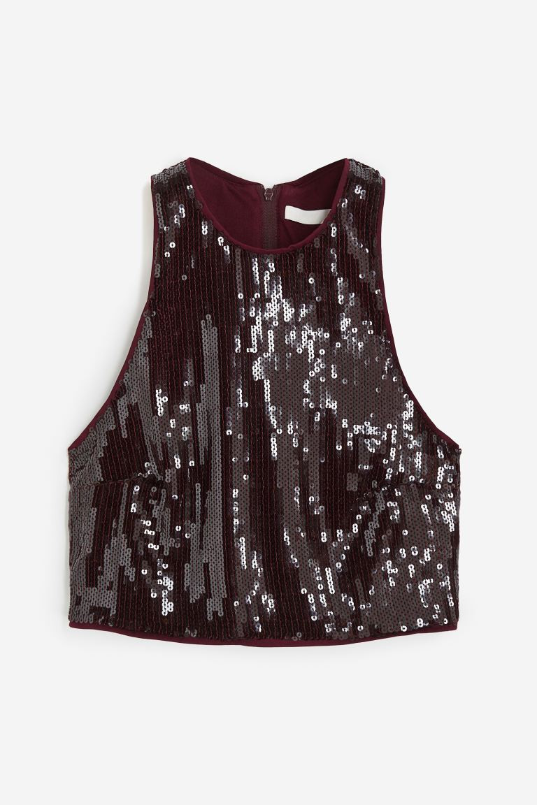 Top cropped de lentejuelas - Rojo oscuro - MUJER | H&M ES | H&M (FR, IT, ES, PT, BE)