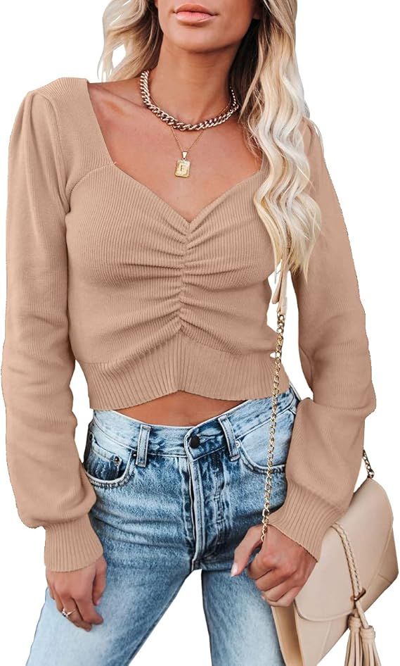 MIROL Women's V Neck Knit Sweater Long Sleeve Ruched Tops Ribbed Sexy Off Shoulder Crop Pullover ... | Amazon (US)