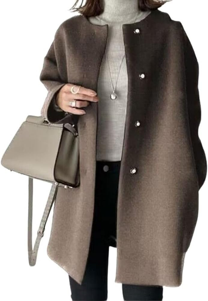 chouyatou Women's Fall Collarless Single Breasted Midi Long Wool Coat Business Casual Winter Pea ... | Amazon (US)
