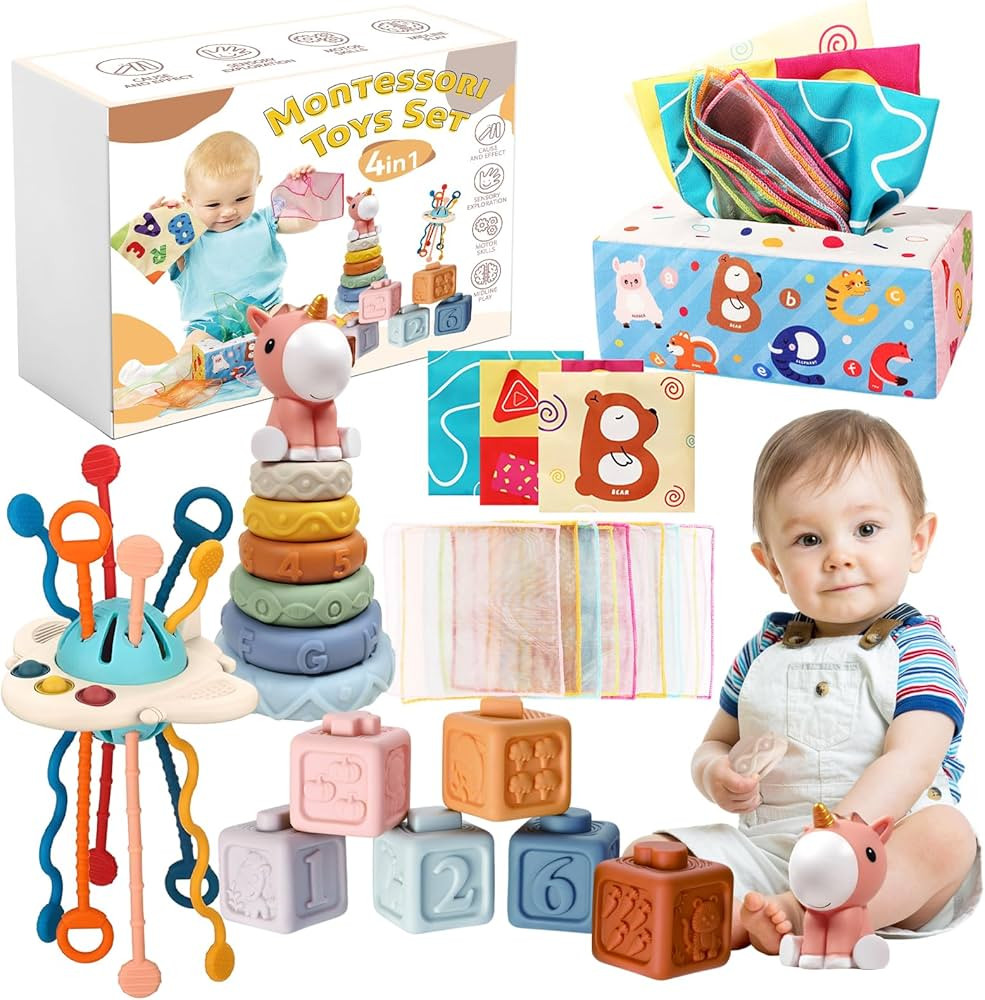 FEBALHS Montessori Baby Toys for 6+ Month Old, 4 in 1 Toys with Baby Stacking Toys, Sensory Toys,... | Amazon (US)