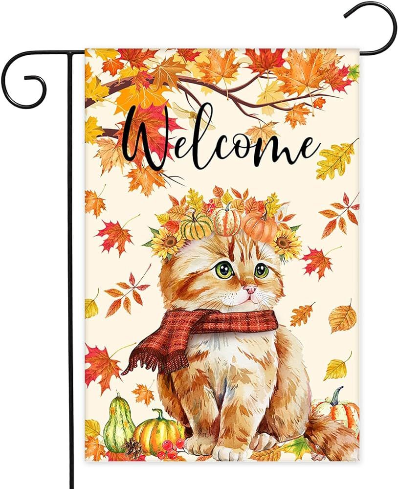 Avezano Fall Cat Welcome Garden Flag, 12x18 Inch Double Sided Outdoor Fall Decor, Autumn Maple Le... | Amazon (US)