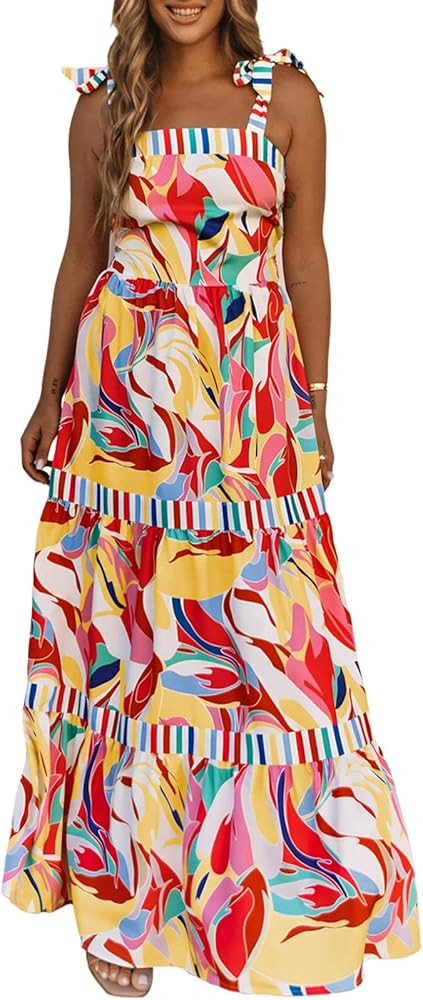 AlvaQ Women's 2024 Summer Sleeveless Floral Print Maxi Dress Strap Square Neck Beach Sun Dress | Amazon (US)