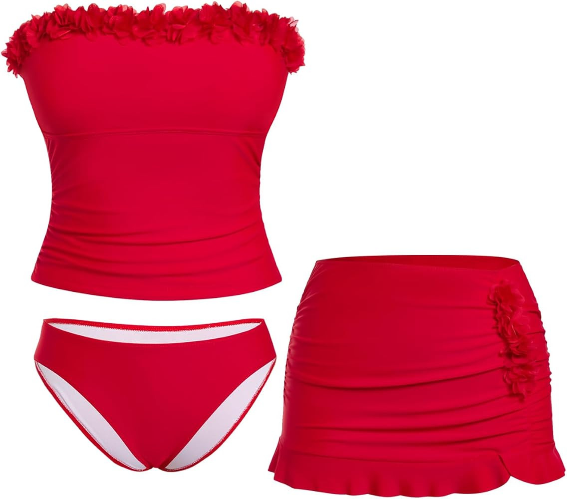 SweatyRocks Women's 3 Piece Strapless Swimsuits 3D Flower Tummy Control Vacation Tankinis with Sk... | Amazon (US)