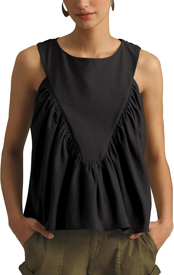 Hixiaohe Shirred Swing Tank Tops for Women Fashion Flowy Sleeveless Shirts Casual Crew Neck Blous... | Amazon (US)