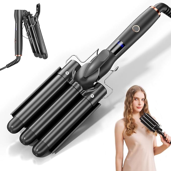 Hair Crimper 1 Inch, 3 Barrel Beach Waver Curling Iron, Foldable 25mm 3 Barrel Hair Waver, Adjust... | Amazon (US)