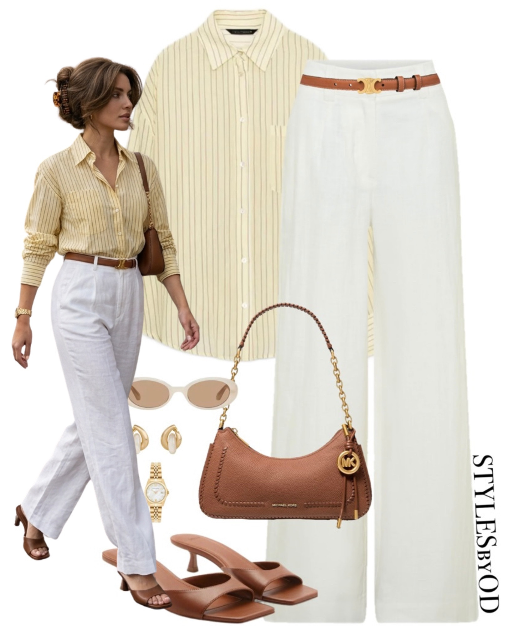 BUTTER YELLOW & LINEN CHIC✨

The ultimate polished, old money aesthetic for warm summer days☀️

Butter yellow is officially the IT color of the season, and tucking this relaxed pinstripe button-down into crisp white wide-leg linen trousers creates the dreamiest palette. To tie it all together, I added rich tan leather accessories—a chic buckle belt, square-toe heel slides, and a classic Micheal Kors shoulder bag—plus cream oval frames for that effortless, luxurious finish🙌🏼#LTKfashion business casual workwear, summer outfits over 40

#LTKluxury #LTKsummer #LTKworkwear #LTKeurope #LTKstyletip